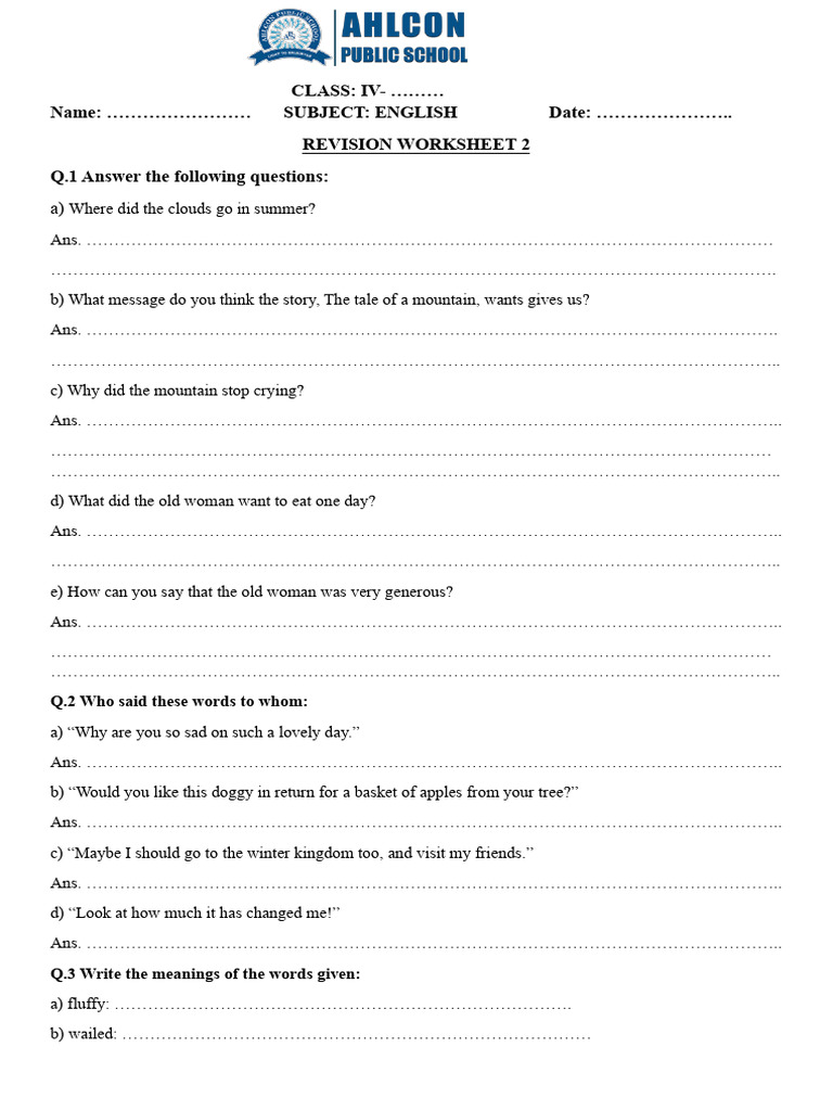 English Revision Worksheet for Class IV | PDF