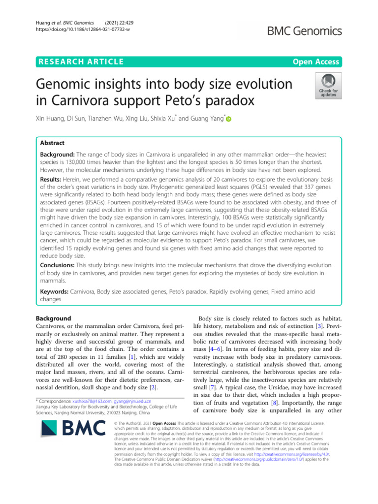 Genomic Insights Into Body Size Evolution in Carni | PDF | Evolution ...