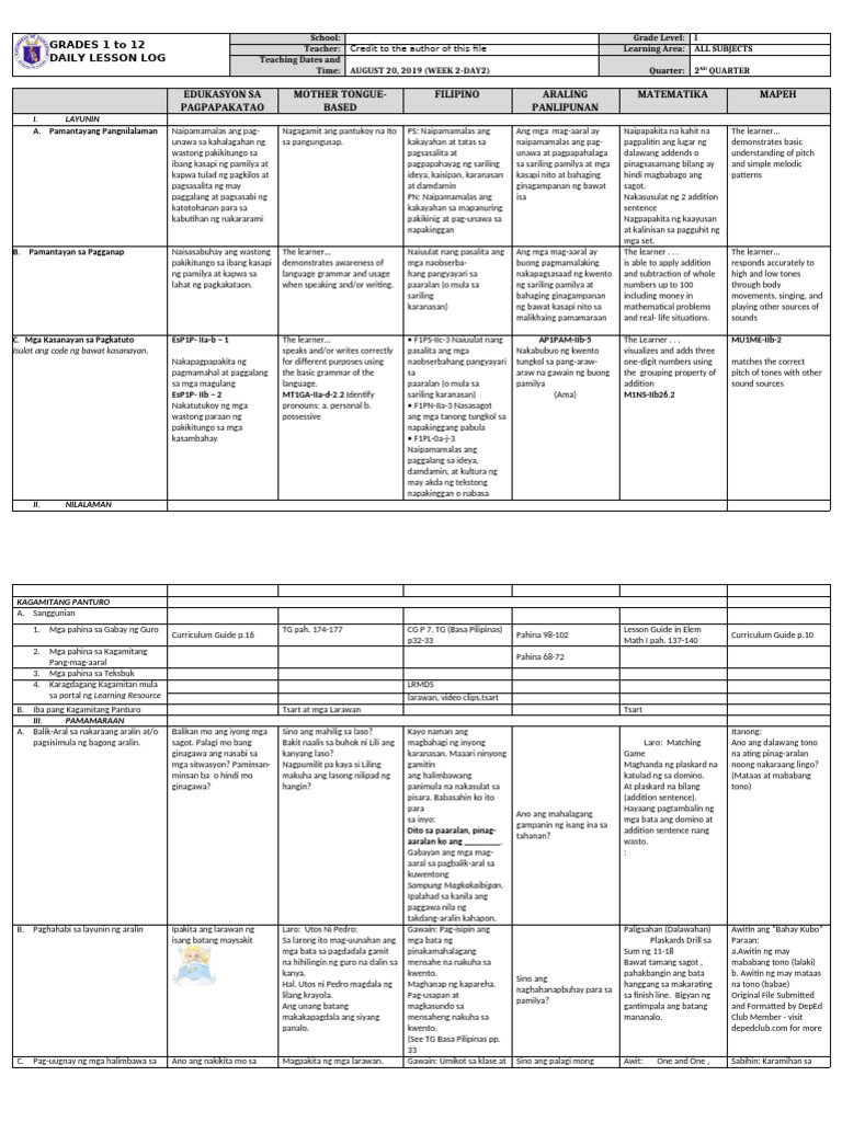 DLL - All Subjects 1 - Q2 - W2 - D2 | PDF