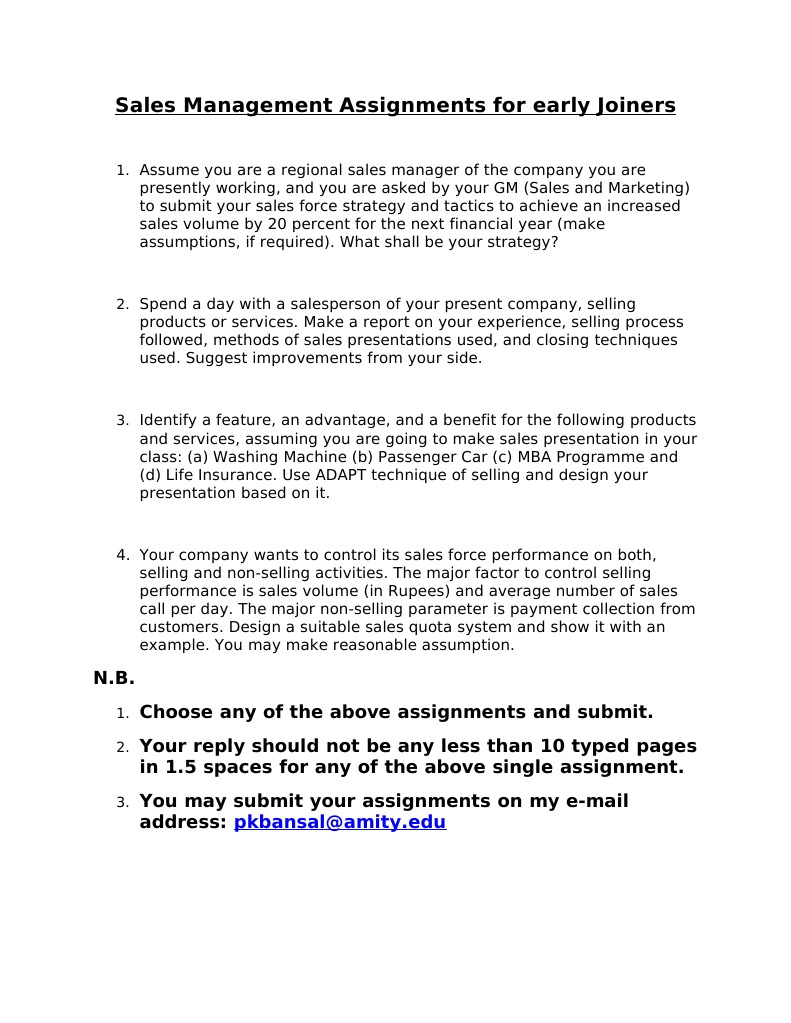 Sales Management Assignments For Early Joiners: Pkbansal@amity - Edu ...