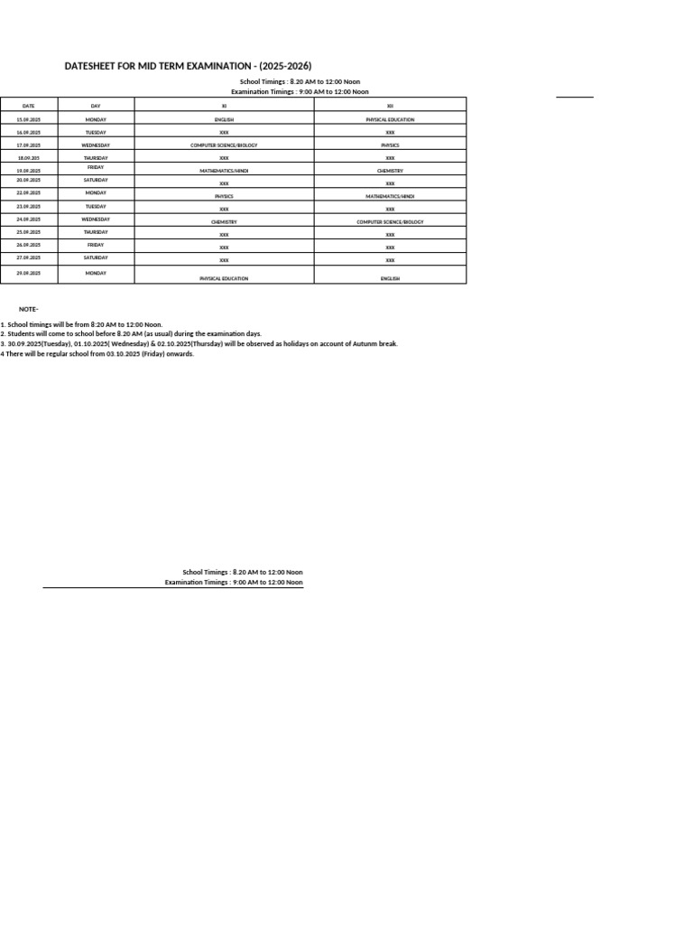 Class 11 Mid Term Exam Schedule 2025 | PDF