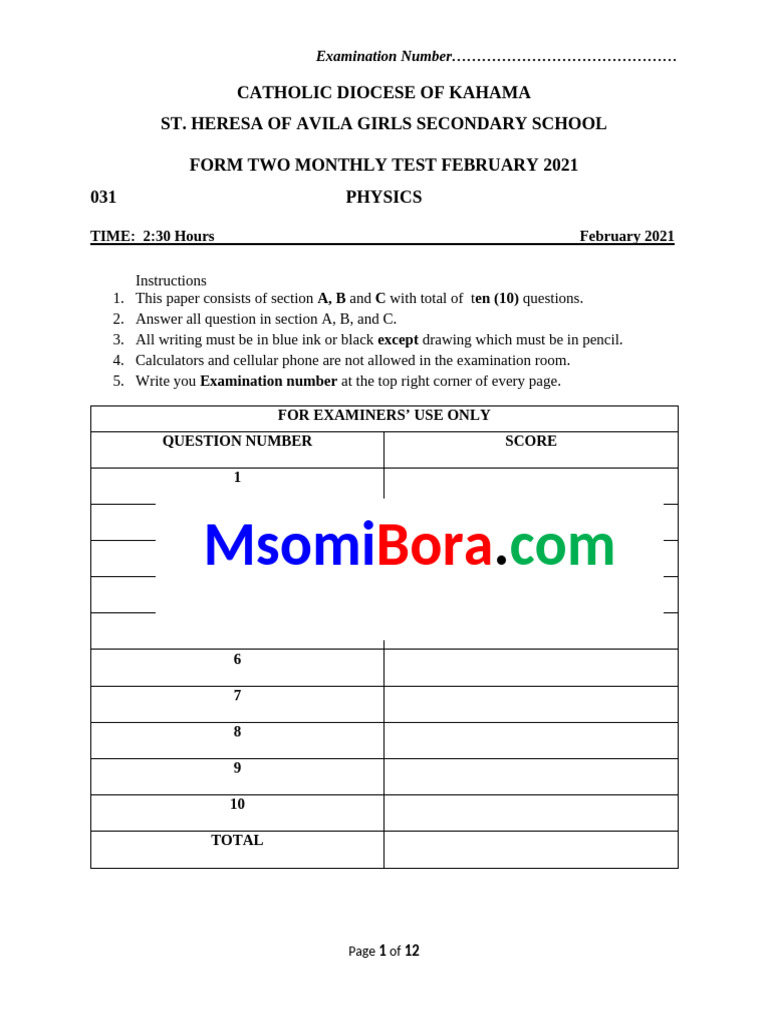 Form Two Physics Monthly Test 2021 | PDF | Lever | Force