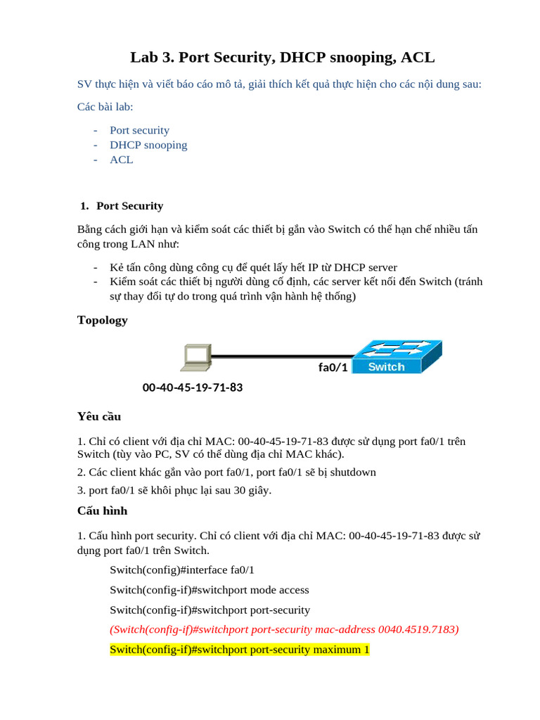 Lab3-Port Security-DHCP Snooping - ACL | PDF