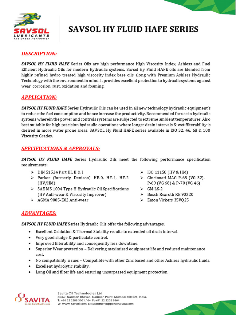 Savsol HY Fluid HAFE Hydraulic Oils | PDF | Materials | Mechanical ...