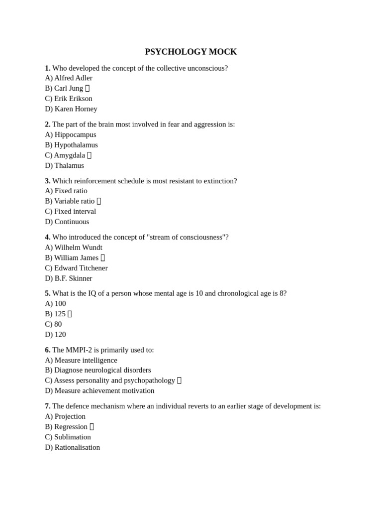 Psychology Mock Exam Questions | PDF | Psychology | Psychological Concepts