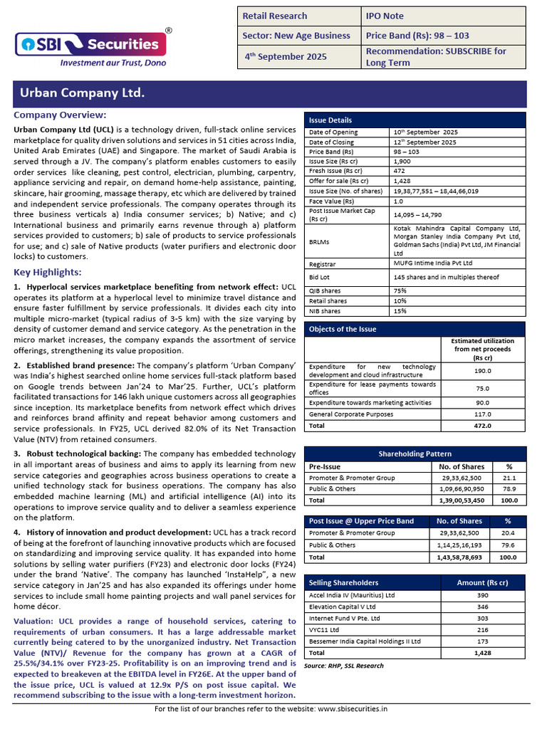 Urban Company Limited - IPO Note | PDF | Expense | Equity (Finance)