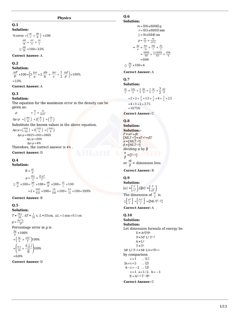 Physics Error Analysis Solutions | PDF | Carbohydrates | Enzyme