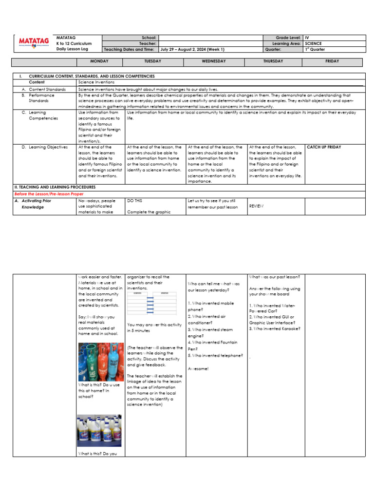 Matatag DLL Week 1 Science g4 | PDF | Curriculum | Science