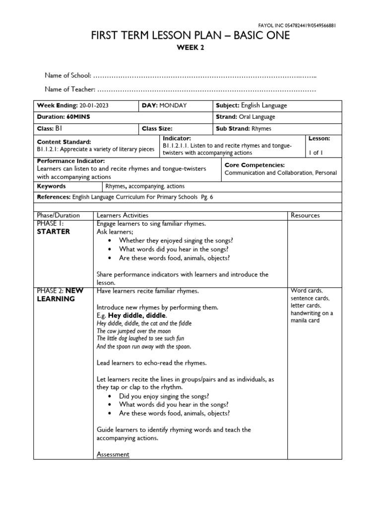Basic One English Lesson Plan Week 2 | PDF | Learning | Curriculum