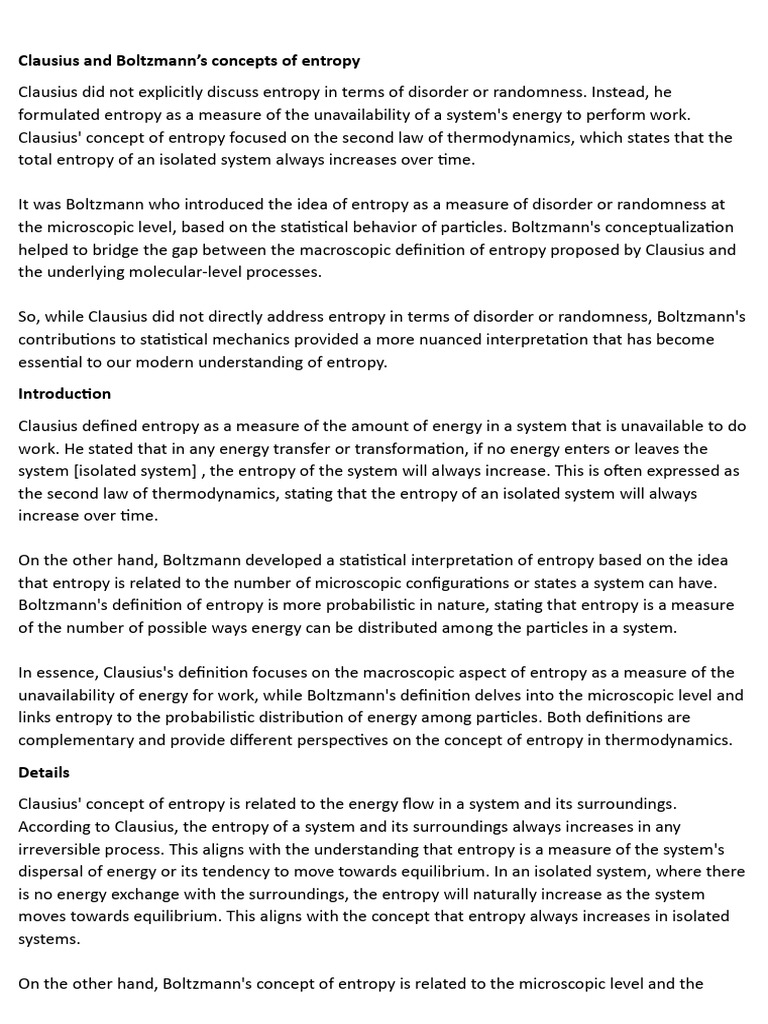 Clausius vs. Boltzmann Entropy Concepts | PDF | Entropy | Laws Of ...