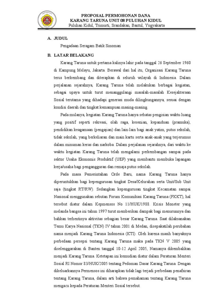 Contoh Proposal Karang Taruna Pengajuan Dana Seragam – Berbagai Contoh