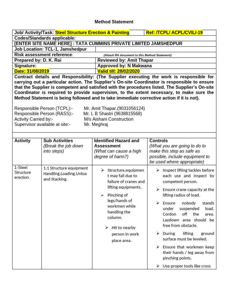 Steel Structure Erection Method Statement | PDF | Welding | Construction
