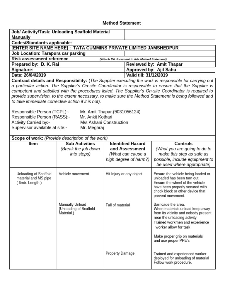 Method Statement For Unloading Material | PDF | Personal Protective ...