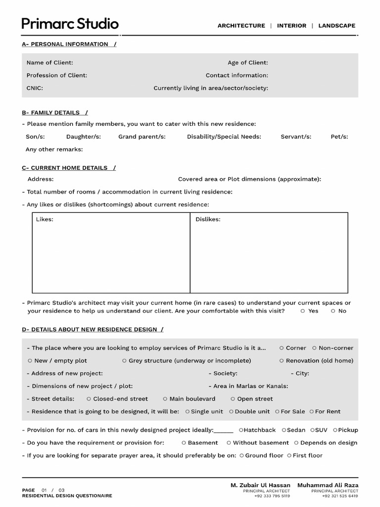 Residential Design Questionaire (Client) | PDF