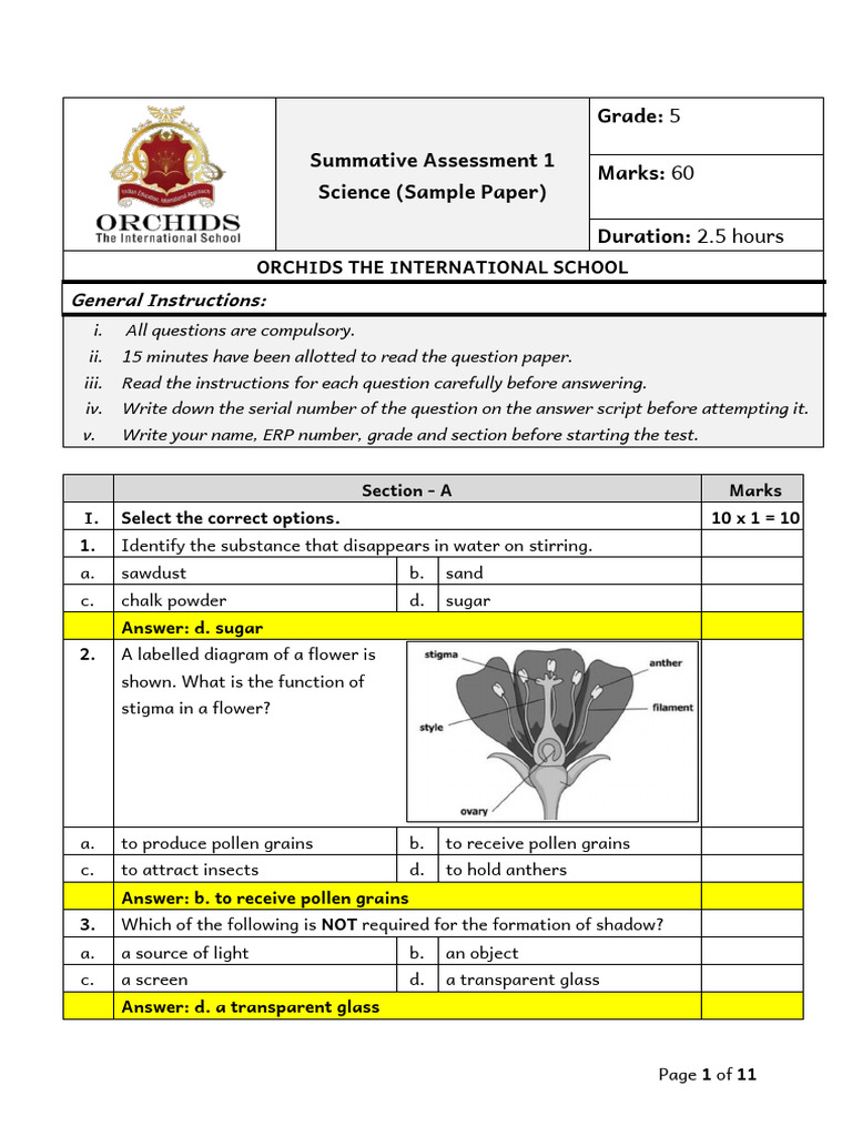 SA1 - T1 - Grade 5 - Science - AS - Sample Paper | PDF | Flowers ...
