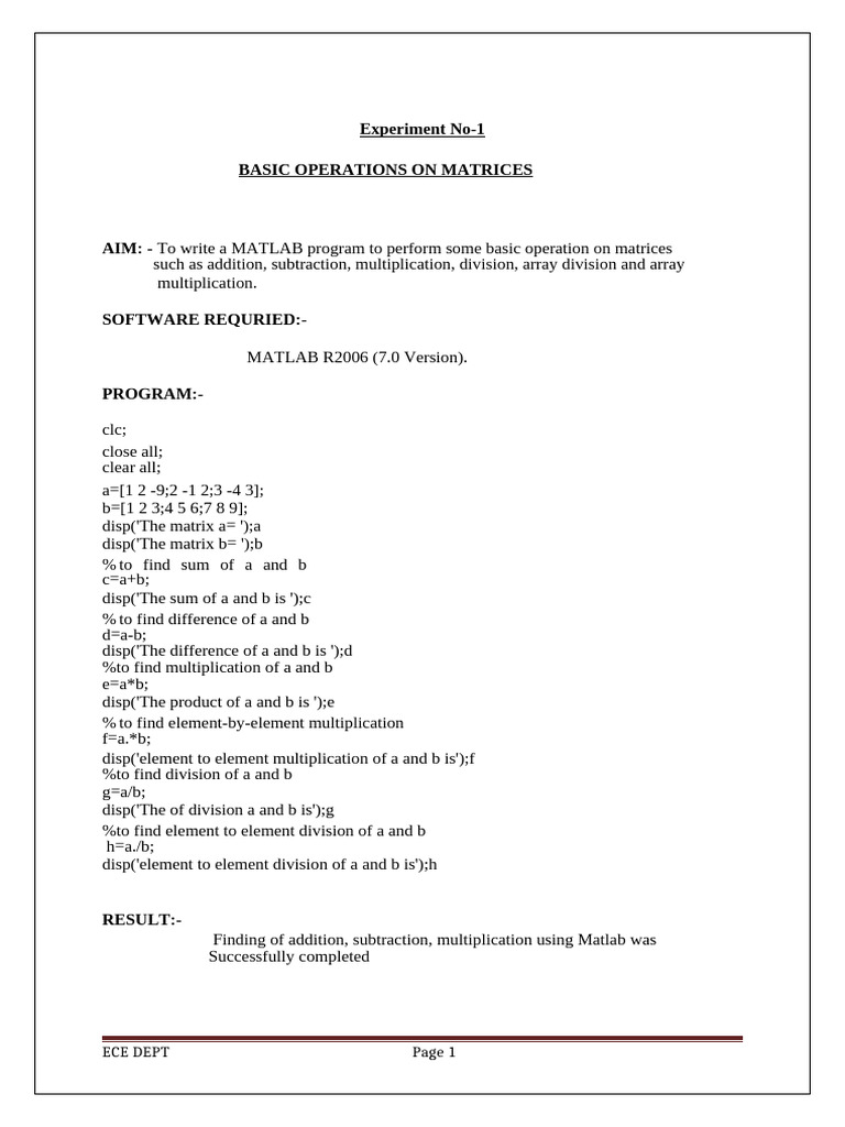 Basic Matrix Operations in MATLAB | PDF | Matrix (Mathematics) | Matlab