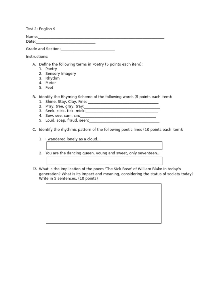 Test 2 - Print English 9 | PDF