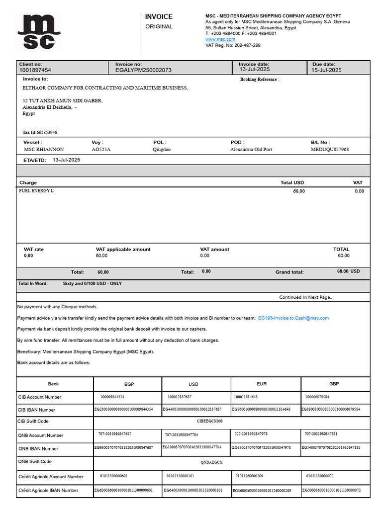 Invoice for MSC Shipping Services | PDF | Invoice | Services (Economics)