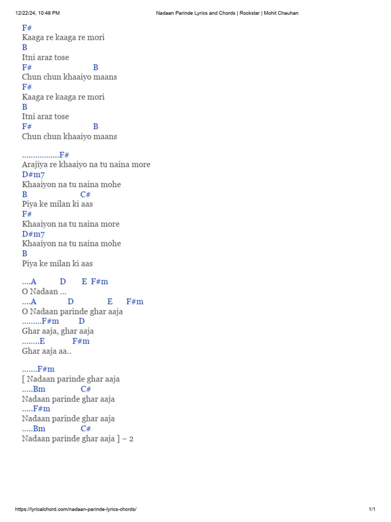 Nadaan Parindey Lyrics and Chords | PDF