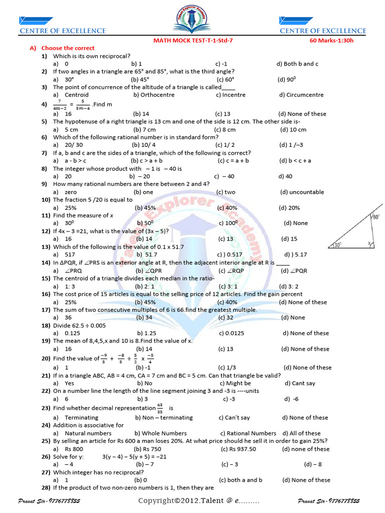 Math Mock Test for 7th Grade Students | PDF | Euclidean Plane Geometry ...