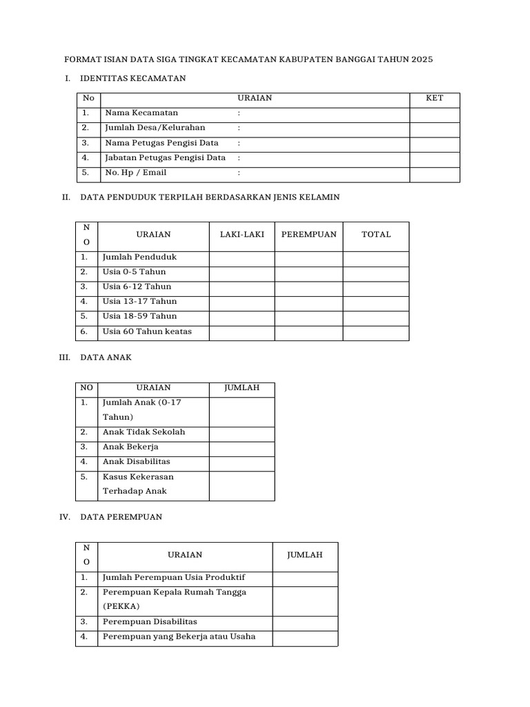 Format Isian Data Siga Tingkat Kecamatan Kabupaten Banggai Tahun 2025 | PDF