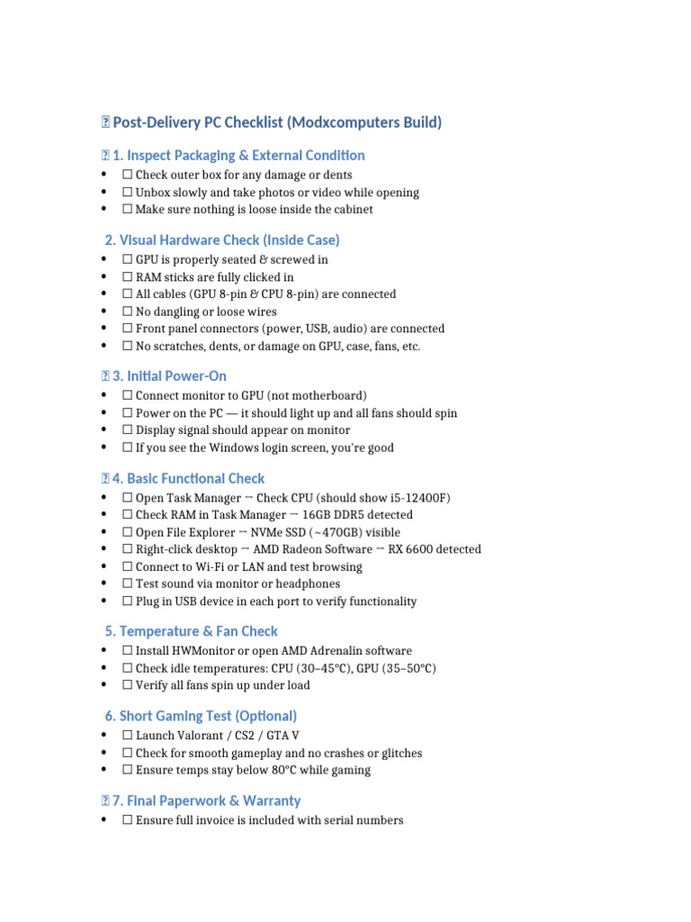 Post-Delivery PC Checklist Modxcomputers | PDF