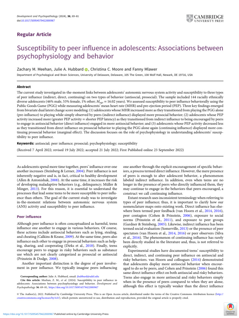 Susceptibility To Peer Influence in Adolescents Associations Between ...
