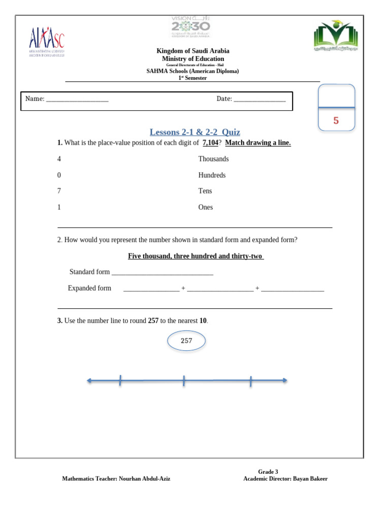 Grade 3 Math Quiz: Place Value & Rounding | PDF