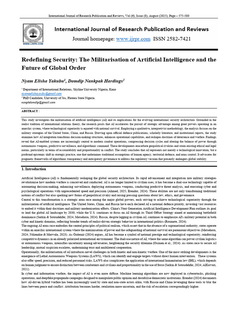 AI Militarization and Global Security Dynamics | PDF | Artificial ...