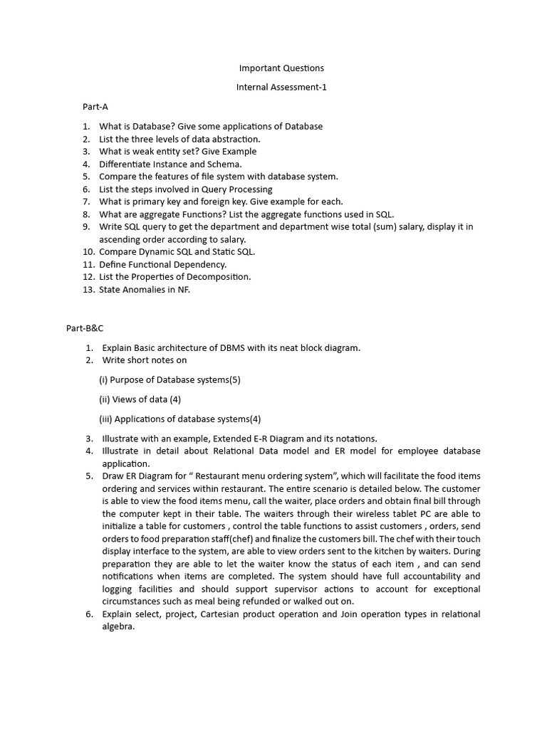 DBMS - Internal Assessment | PDF | Databases | Sql