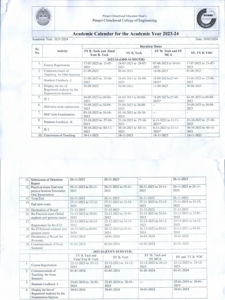 Academic Calendar For AY 2023-24 | PDF