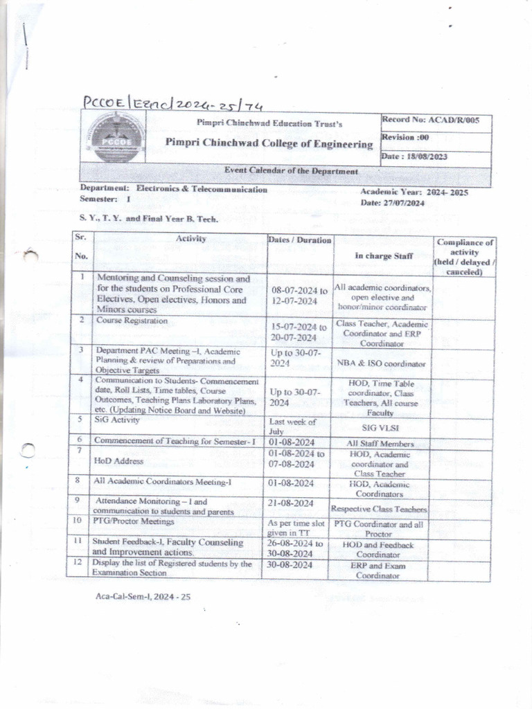Academic Calendar 2024 25 Sem1 | PDF