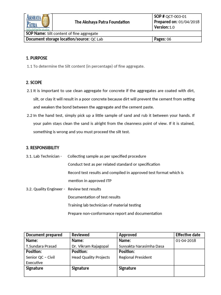 Silt Content Testing SOP for Fine Aggregate | PDF | Silt | Concrete