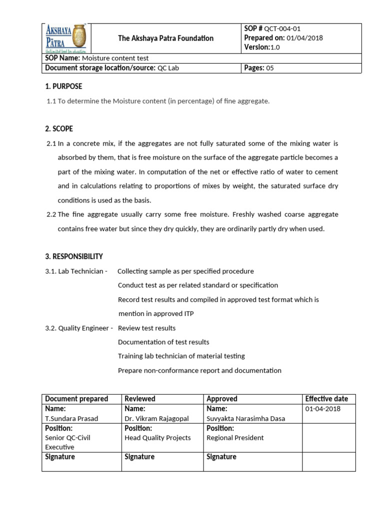 Moisture Content Test SOP for Aggregates | PDF | Materials