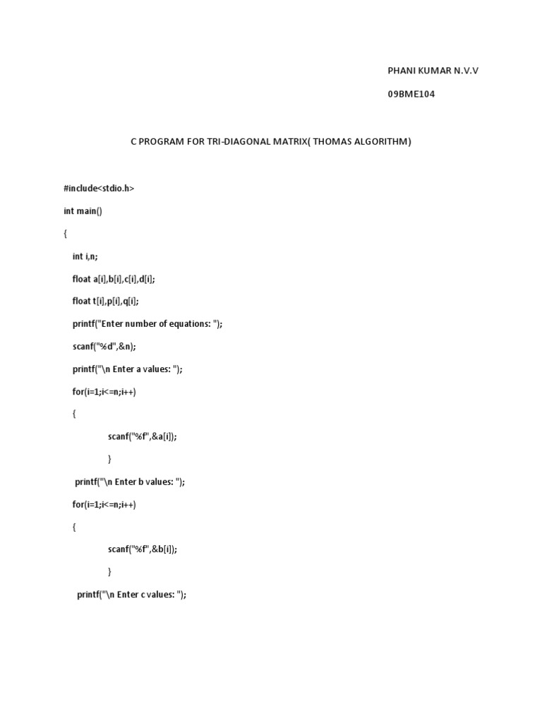 C Program for Tri-Diagonal Matrix Solver | PDF | Computers