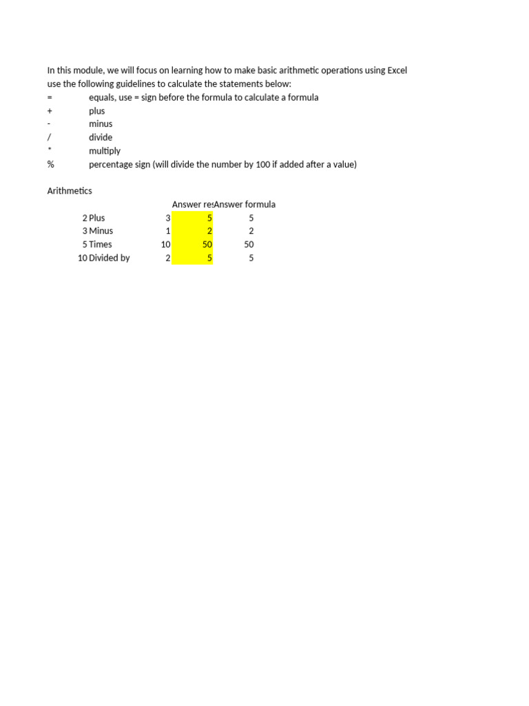 Basic Arithmetic in Excel | PDF