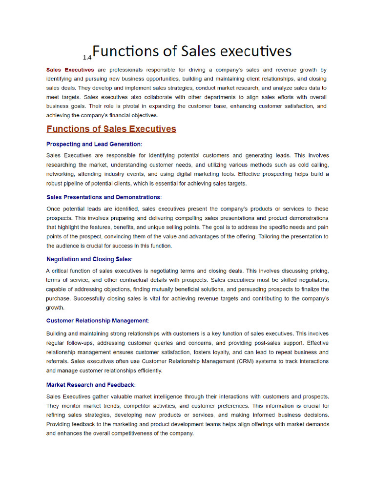 1.4 Functions of Sales Executive | PDF