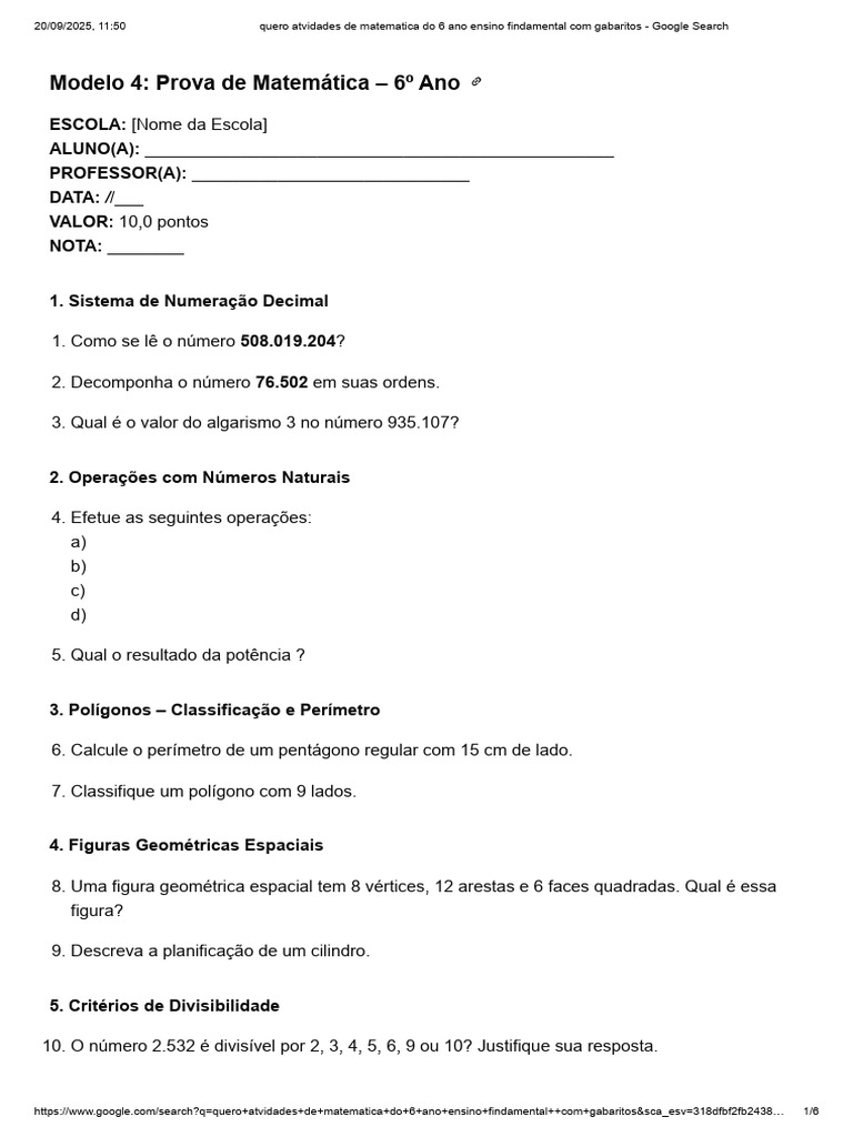 Prova de Matemática 6º Ano com Gabarito | PDF | Triângulo | Área