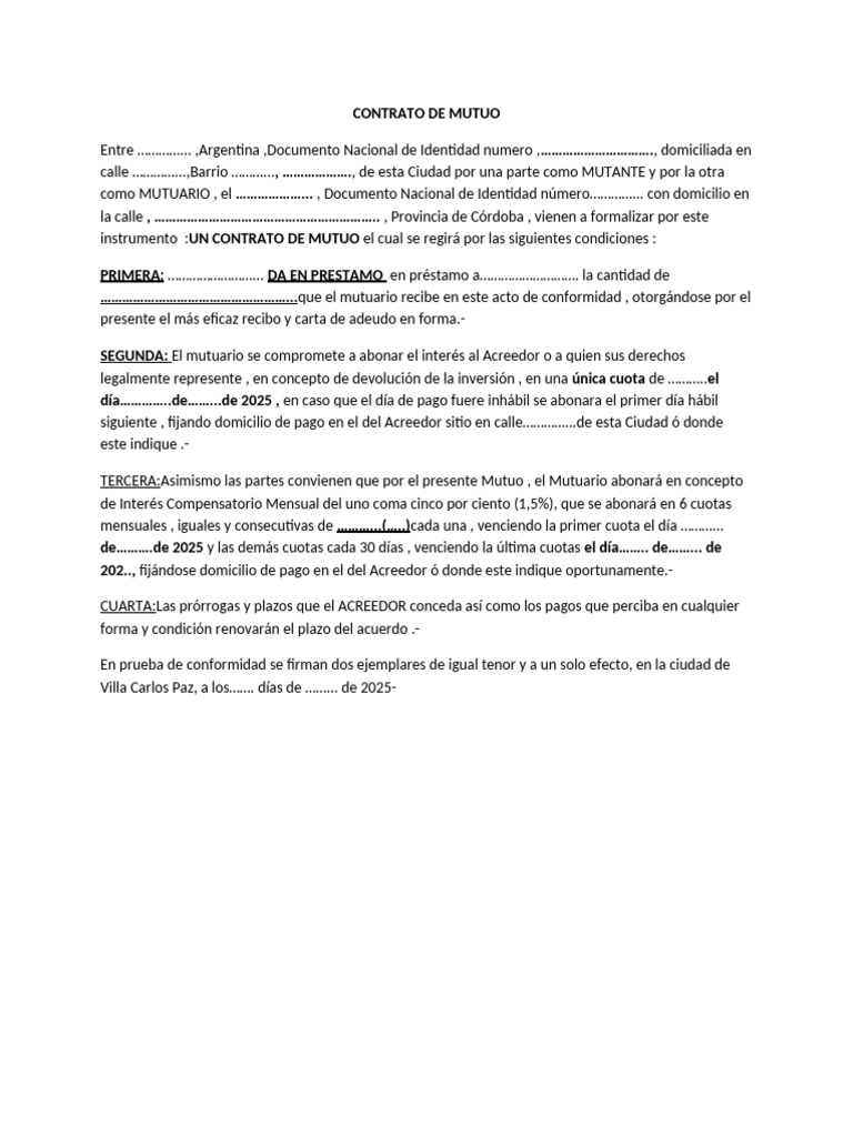 Modelo de Contrato de Mutuo en Argentina | PDF