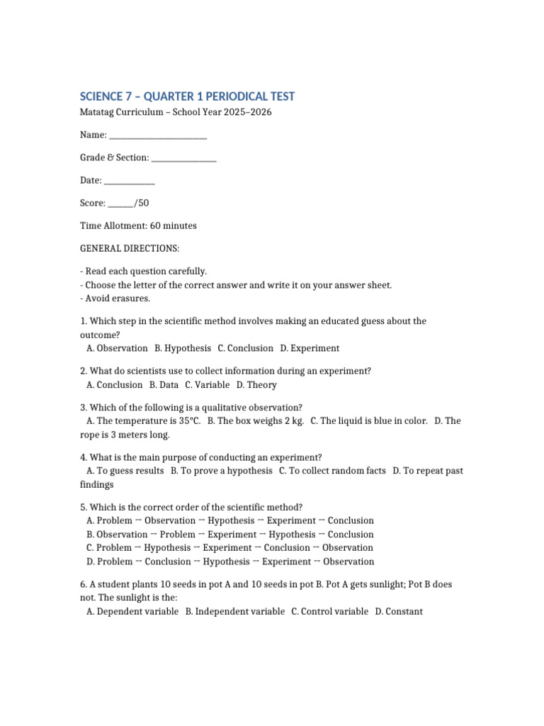 Science 7 Quarter 1 Test 2025-2026 | PDF | Chemical Substances ...