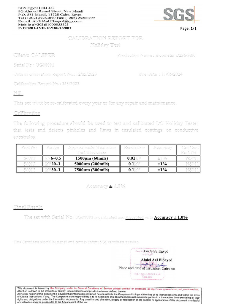 Calibration Report for Holiday Tester | PDF
