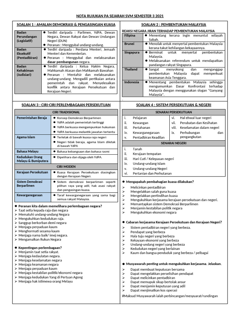 Nota Rujukan Pa Sejarah SVM Semester 3 2021 | PDF
