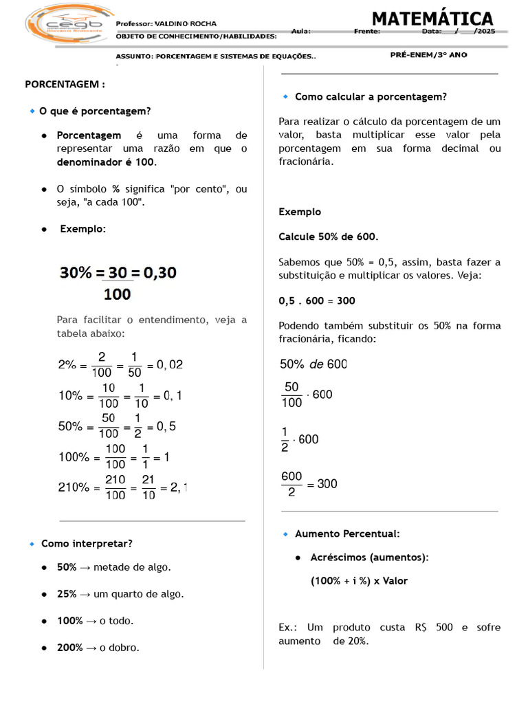 Porcentagem e Sistemas de Equações | PDF | Equações | Percentagem