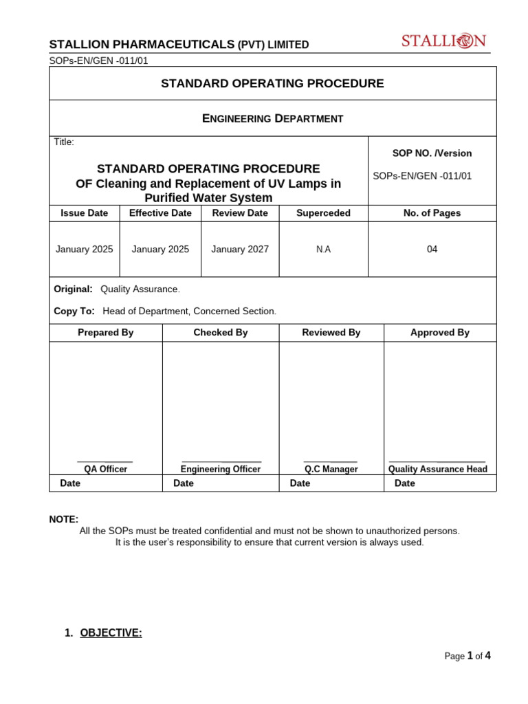 UV Lamp Maintenance SOP for Water System | PDF | Ultraviolet | Personal ...