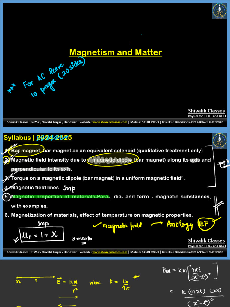 Shivalik Classes: IIT JEE & NEET Physics | PDF | Magnetic Field | Magnet