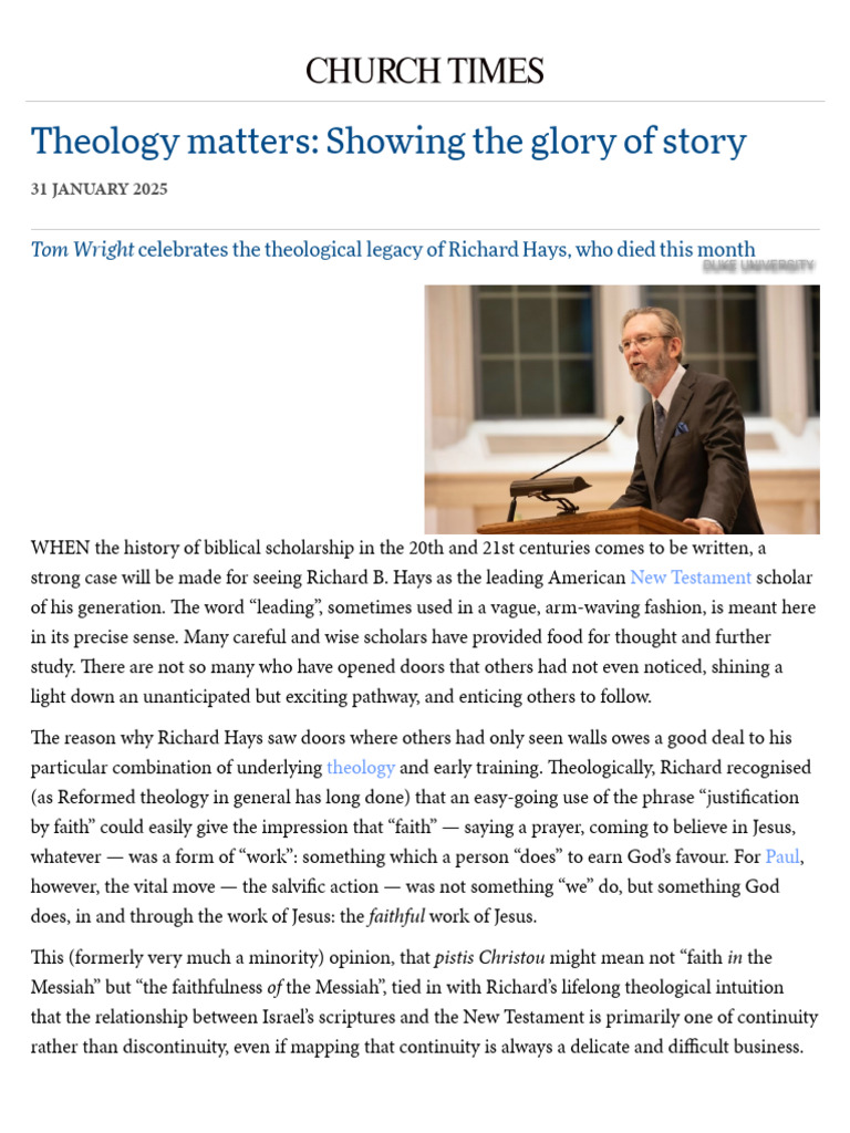 Richard Hays A Theological Legacy PDF Bible Paul The Apostle
