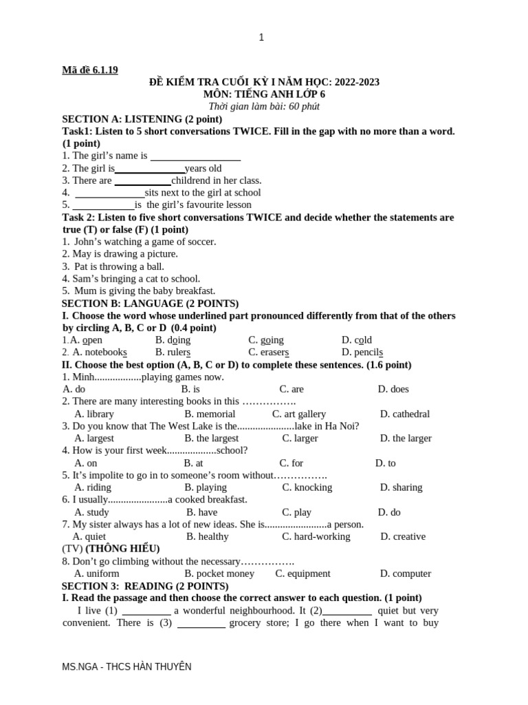 English Test for 6th Grade Students | PDF