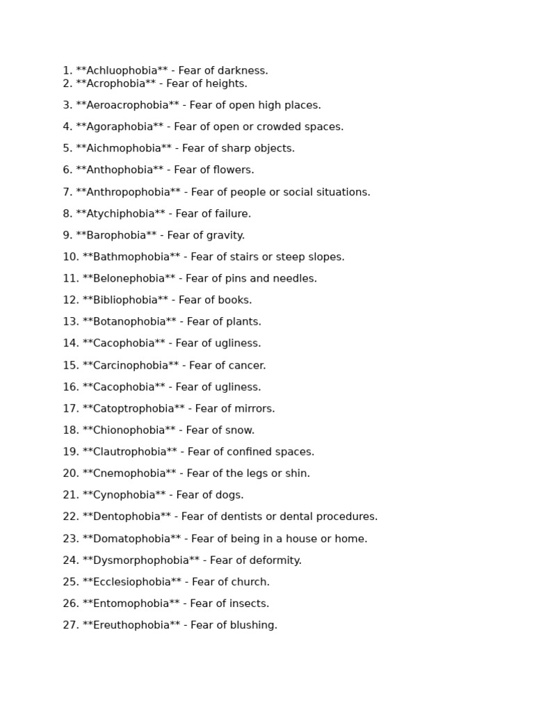 List of Common Phobias Explained | PDF | Fear | Anxiety