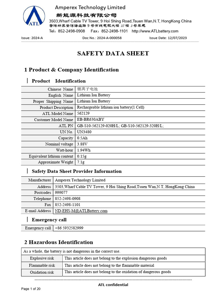 Lithium Ion Battery Safety Data Sheet | PDF | Battery Charger | Water