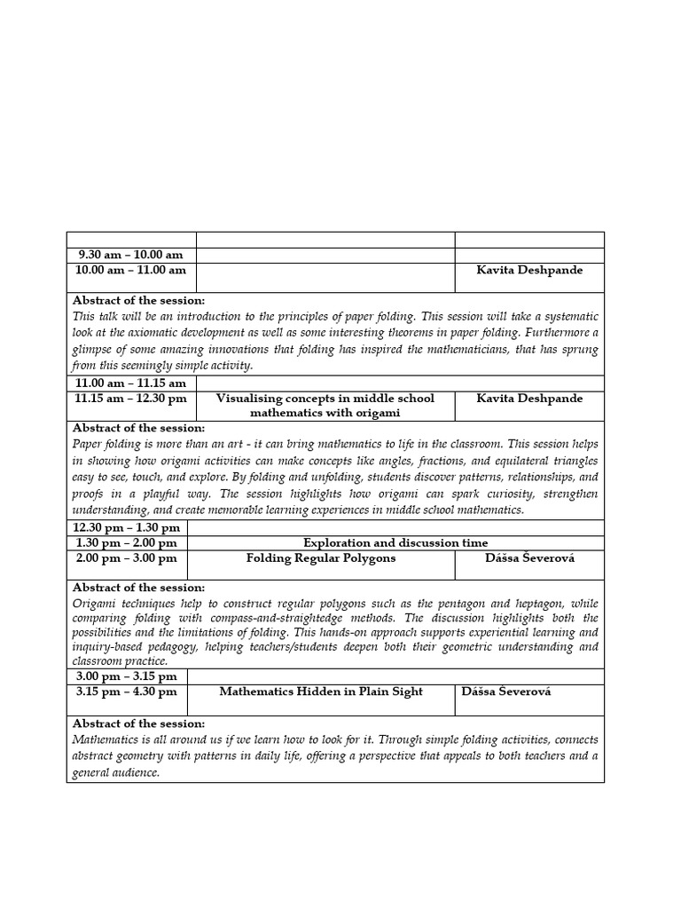 Origami Workshop - Schedule-1 | PDF | Mathematics | Geometry